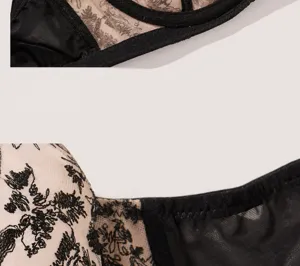 Lace embroidery and sheer mesh bra detail view, comfortable breathable side wings.