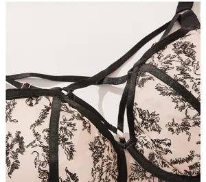 Detailed view of women's plus size mesh bra with black floral embroidery and chic straps.