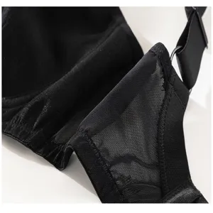 Black plus size bra detail showing breathable mesh fabric, adjustable straps and rings.