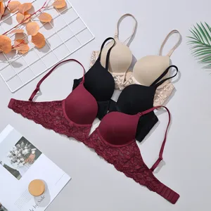 Women Sexy French Style Deep V Lace Bra Breathable Seamless Underwire Push Up Lingerie Solid Color Intimate Underwear
