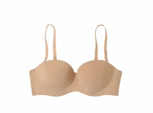 Vista dettagliata del reggiseno color carne senza spalline con struttura antiscivolo.