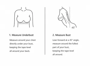 Tabella taglie reggiseno senza spalline plus size, istruzioni di misura per sottoseno e seno.