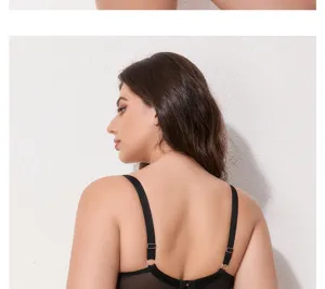 Plus size black mesh bra detail view, comfortable supportive underwear for fuller figures.