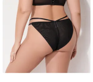 Back view detail of black mesh plus size panties with cross strap design for women.