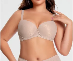 Plus size full coverage push up bra in nude, comfortable wide straps for support.