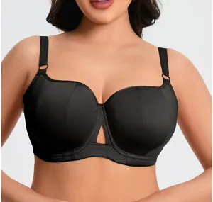 Plus size full cup bra for women, black soft underwire lingerie detail view product.