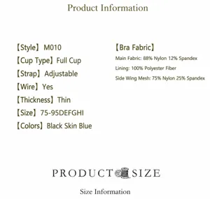 Detailed specifications chart showing size range, fabric composition, and bra features clearly.