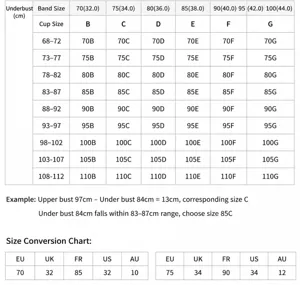Bra size chart showing underbust and cup measurements from B to G cups for perfect fit.
