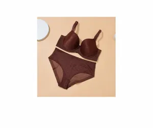 Detail view of women bra and panty set showing fine fabric and full coverage design.