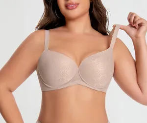 Plus size full cup bra detail showing supportive wide straps and comfortable nude fabric design.