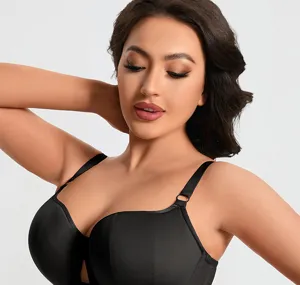 Plus size black full cup bra with soft underwire and side support for daily comfort wear detail.