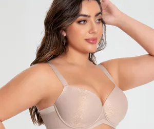 Plus size full cup bra for women, supportive push-up design in nude beige, comfortable everyday wear.