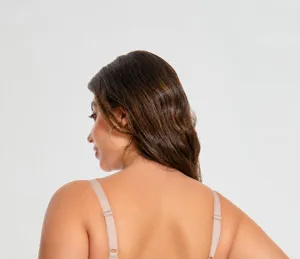 Plus size bra detail showing U-shaped back design and secure four-row hook-and-eye closure.