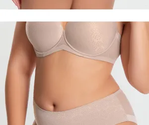 Plus size full coverage bra and panties set in nude, breathable and supportive for women.