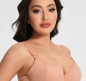 Plus size full cup bra in nude color with soft underwire and side support detail.