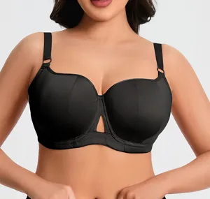 Plus size full coverage black bra detailed view, soft underwire and side support design.