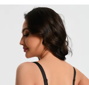 Close up detail view of black plus size bra showing adjustable shoulder straps and fit.