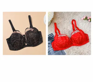 Plus size lace full cup bra for women, thin sexy underwire lingerie in black and red.