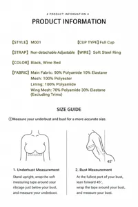 Detailed product specification chart and bust measurement sizing guide for full cup lace bra.