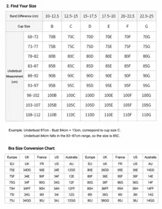 Detailed bra size chart with underbust and cup measurements for large plus size lingerie.