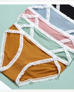 Detailed view of seamless high-cut women briefs with delicate lace trim in multi vibrant colors.