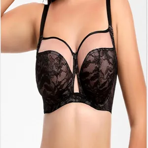 Plus size lace full cup bra in black with mesh top panel, offering comfortable support and minimized look.