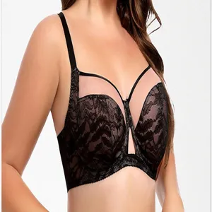 Detailed view of the black lace plus-size bra featuring delicate floral embroidery and support.