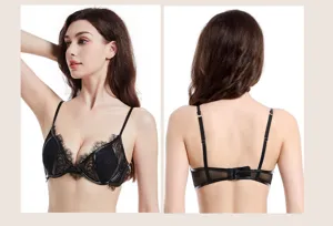 Detail view showing front and back of a stylish black lace trim sexy bra with thin straps.