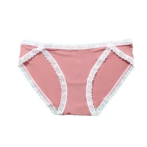 Women's High Cut Cotton Panties Seamless Breathable Lace Trim Mid Waist Briefs Comfortable Solid Color Underwear For Women
