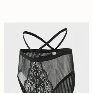 Sexy black lace mesh high waist women underwear with cross straps detail close up