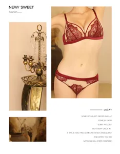 Prachtige Franse kanten draadloze triangel bh en slip set in diep rood sexy.