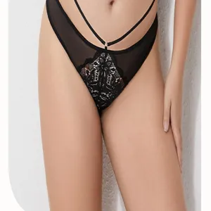 Sexy women's black sheer mesh lace panties with stylish cross straps high waist intimate apparel.
