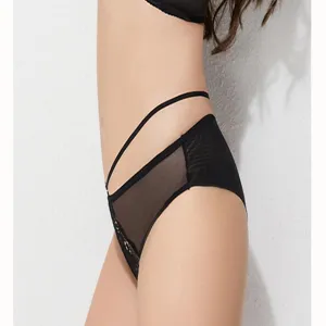 Black lace mesh high waist panties, sexy cross strap underwear detail showing delicate texture.