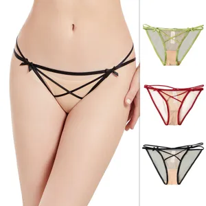 Women Sexy Transparent Mesh Panties Mid Waist Bottom Briefs With Bow Lace Trim Breathable Nylon Lingerie For Women Everyday