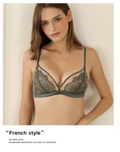 Franse stijl kanten beugelbeha driehoek cup dames bralette in donkergroen, sexy model.