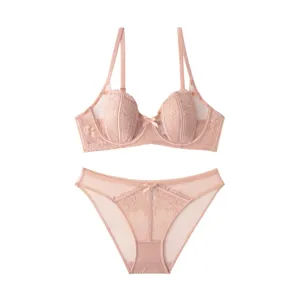 French style sexy bunny ear cup women's lace gathered bra set summer push up underwear