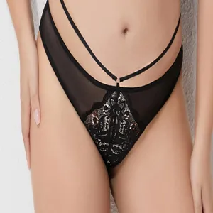 Close-up detail of women black sheer mesh lace panties with double waist straps design.