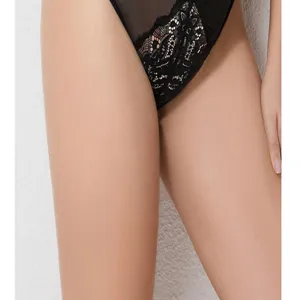Detail shot of women black lace mesh underwear showcasing fine floral embroidery and soft fabric.