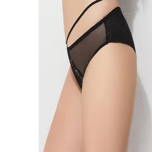 Detailed view of women's high waist mesh lace black underwear with sexy cross strap design.
