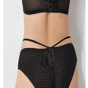 Detailed close-up view of women black mesh high-waist sexy briefs with cross straps design.