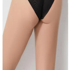 Detailed view of women's sheer mesh sexy breathable high waist black panty product fit.