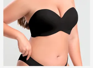 Reggiseno a fascia nero senza spalline taglie forti, effetto push-up invisibile e tenuta.