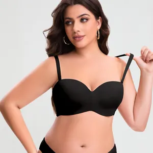 Reggiseno senza spalline senza cuciture taglie forti, bandeau push up nero imbottito.