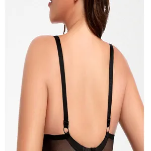 Plus size black lace bra back detail view, breathable mesh fabric with adjustable straps.