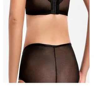 Detailed back view of black sheer mesh bra and high-waisted briefs underwear set.