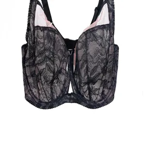 Detailed view of black lace full cup bra, delicate floral pattern, adjustable straps.