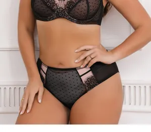 Set reggiseno e slip in pizzo taglie forti, elegante lingerie nera e rosa dettagli.