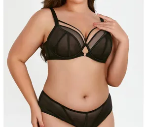 Plus size black unlined bra set, breathable thin cup push up design for fuller figures daily wear.
