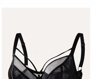 Plus size black bra with push up design, breathable mesh and multi strap details for women.