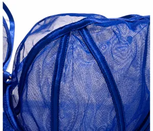 Plus size unlined sheer lace bra detail showing breathable blue mesh fabric and support cups.